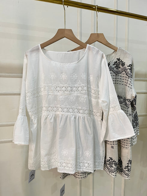 Cotton Embroidered Peplum Tiered Tops